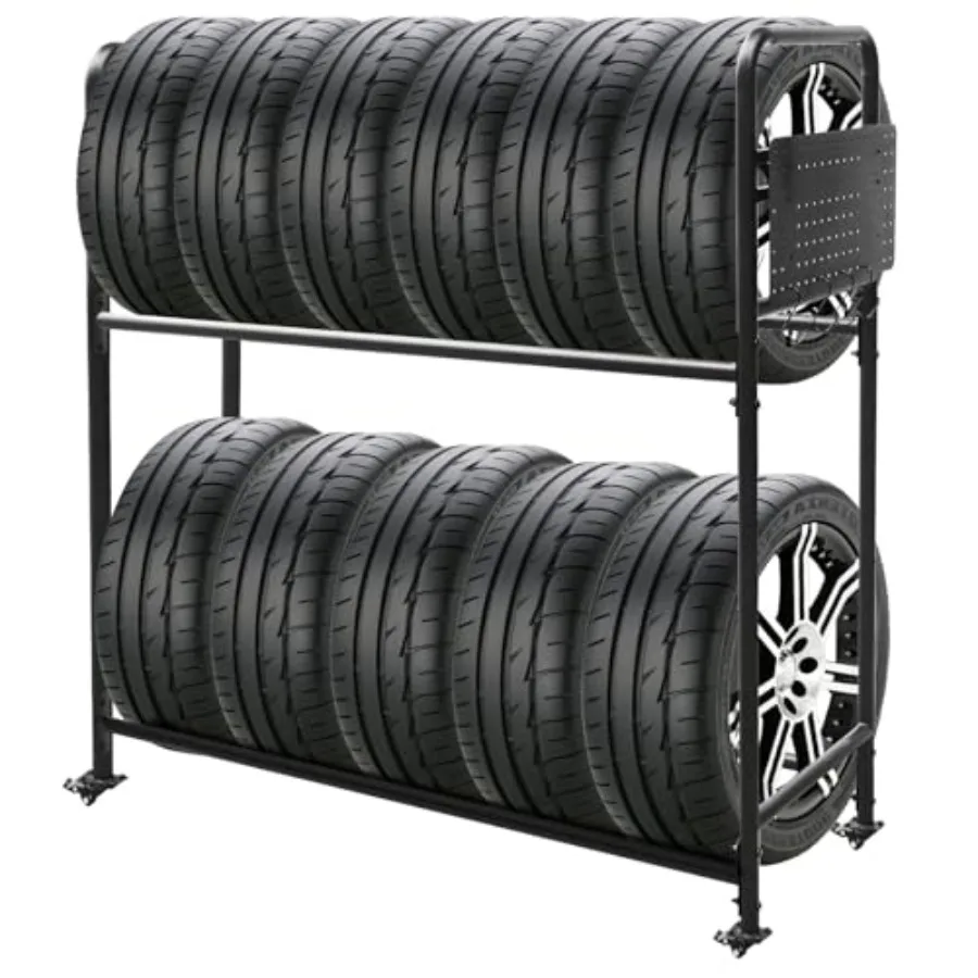 Adjustable Rolling Tire Rack Heavy-Duty Tire Storage Rack for Garage with 4 Self-Locking Casters Foldable Hole Board 59 H × 58.