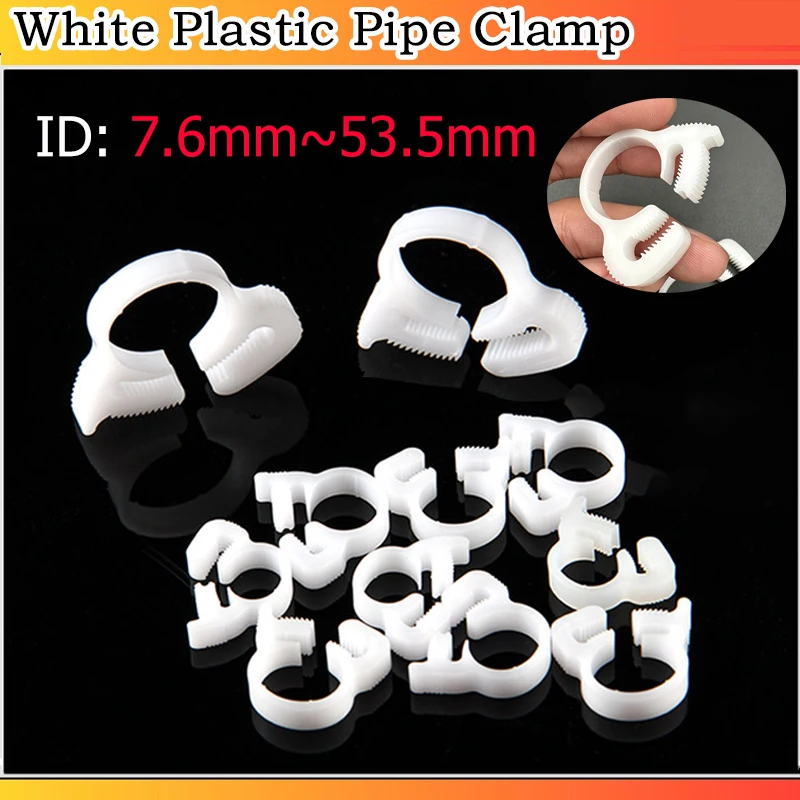 

10pcs White Plastic Hose Clamp Plastic Pipe Clamp Plastic Throat Tooth Shaped Pipe Clamp Pipe Fastening Buckles 7.6-53.5mm