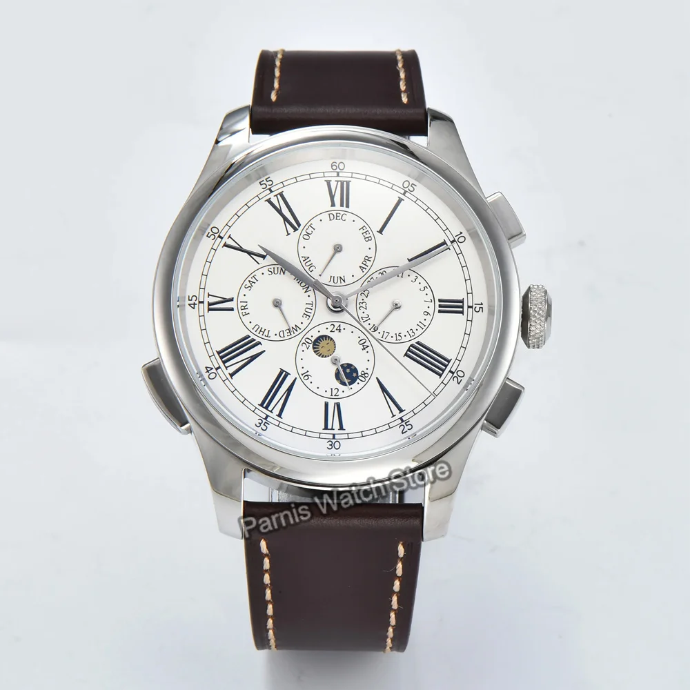 Parnis 45 mm witte wijzerplaat blauwe markeringen herenhorloge automatische mechanische kalender lederen bandhorloges