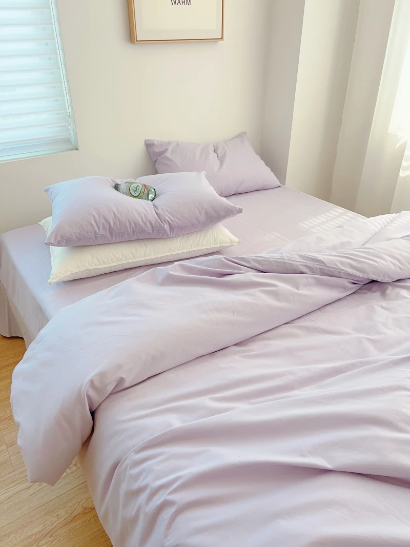 Nordic Style Ins Cream Purple Cotton Washed Bedding Set Pure Cotton   Color Three Piece Bedding Set Queen Size