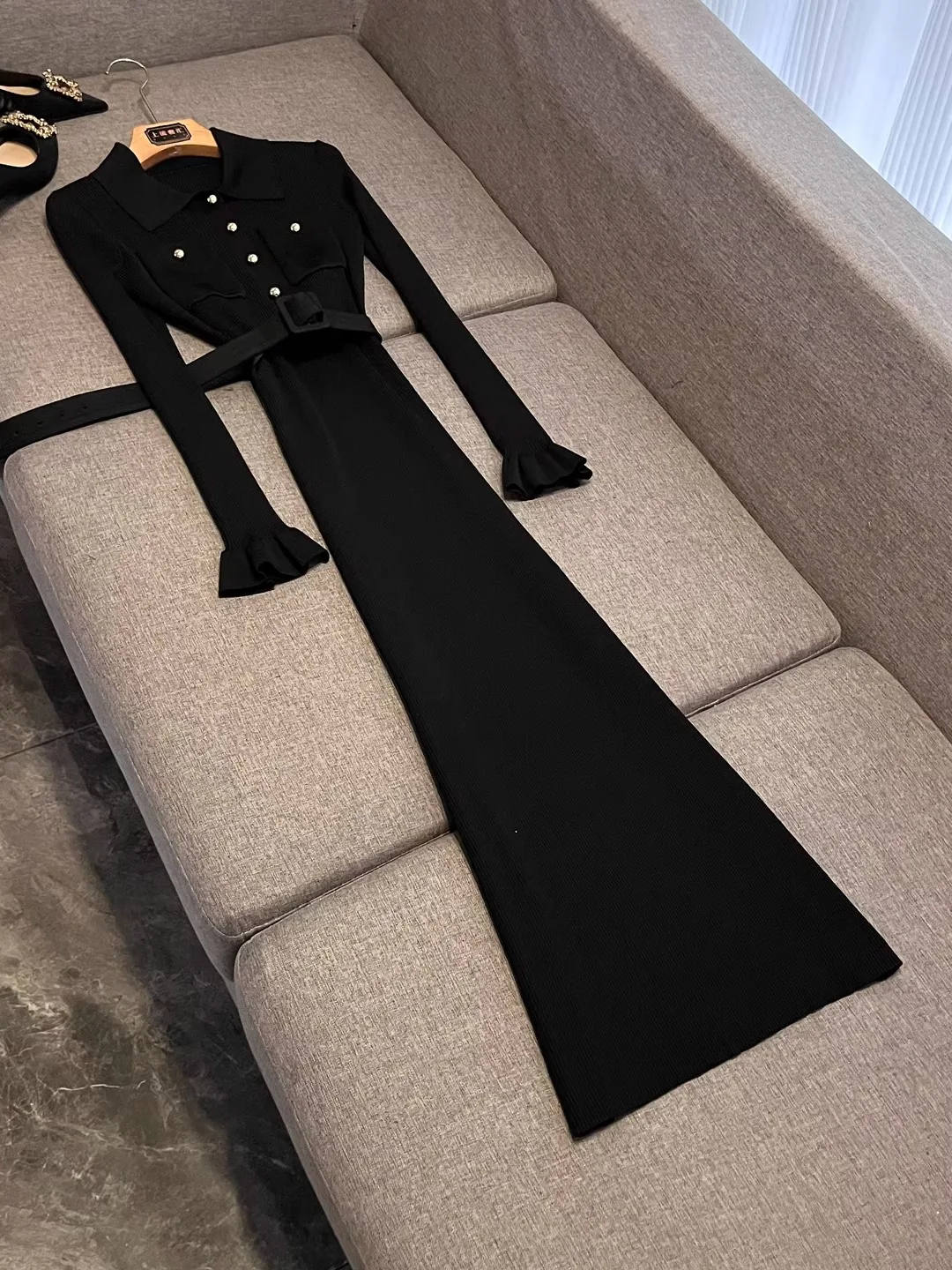 

Ele Slimming Dr with Belt High Waist A-Line Skirt Long Sve Turn-down Collar Asymmetrical Hem Ci Commute Dr