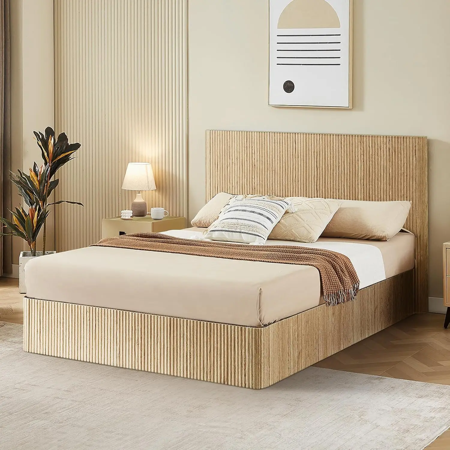 Queen Storage Bed Frame Hydraulic Fluted Curved Wood Headboard Natural, Customized