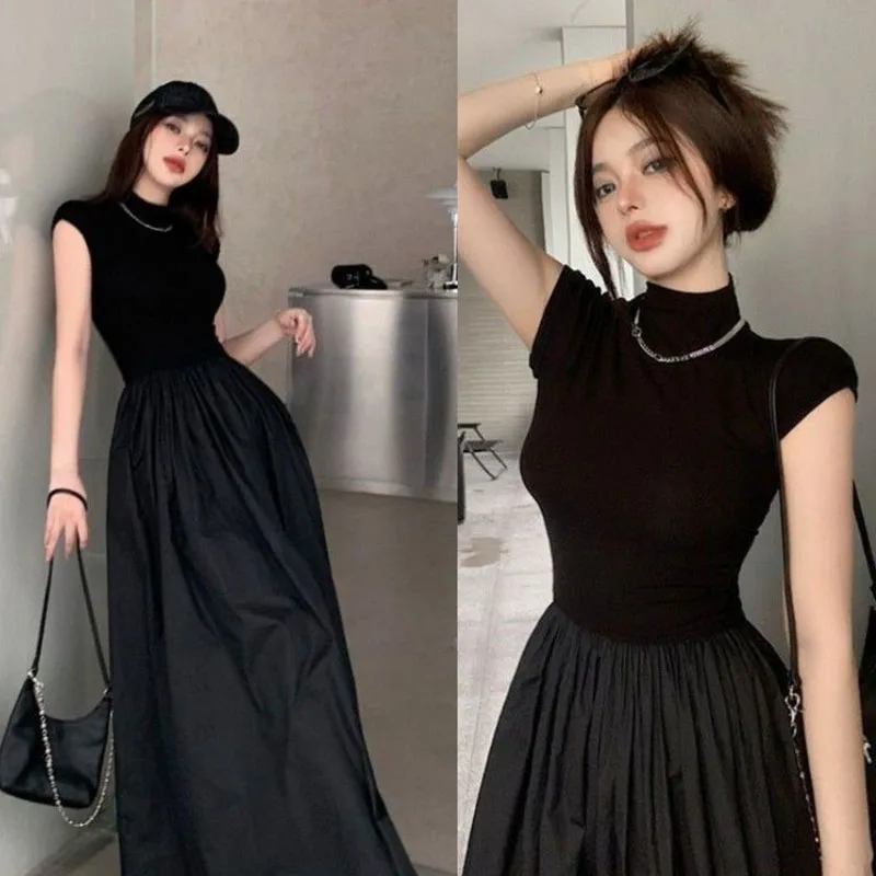 Women Black Patchwork Half-High Collar Dress Vintage Temperament Short Sleeve Midi Dress Korean Chic Slim A-Line Dresses Ladies