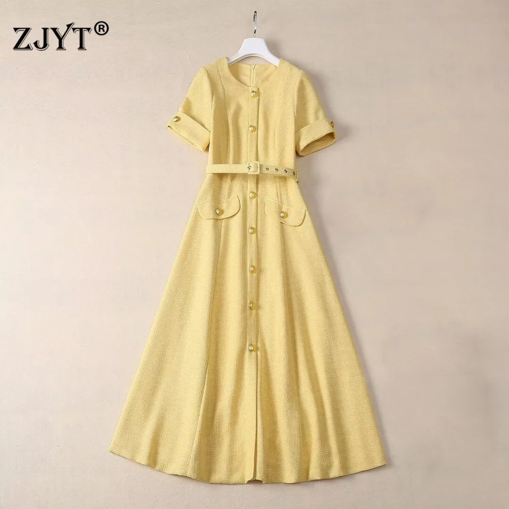 ZJYT Elegant Women\'s Summer Long Dresses 2024 Fashion Short Sleeved Yellow Party Dress Vestidos Femenino Young Girls Robe Femme