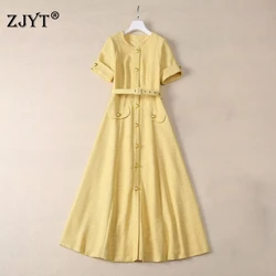 ZJYT Elegant Women's Summer Long Dresses 2024 Fashion Short Sleeved Yellow Party Dress Vestidos Femenino Young Girls Robe Femme