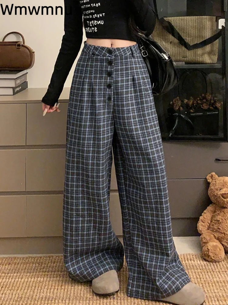 

Шерстяные клетчатые женские повседневные брюки, мешковатые широкие брюки с высокой талией, свободные модные прямые брюки на пуговицах Spodnie
