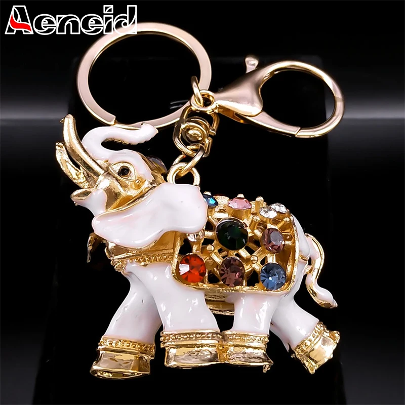 Colorful Crystal Elephant Key Chain for Women Men Ethnic Alloy Rhinestone Bag Accessories Cute Animal Keyrings Car Jewelry K5246