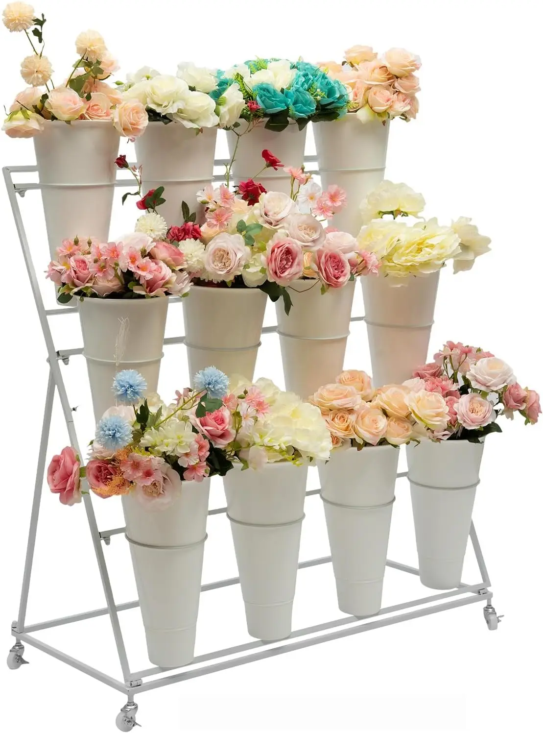 3 Layers Flower Display Stand with 12pcs Buckets，White Plant Stand with Wheels Modern Plant Shelf for Patio Garden Living Room F