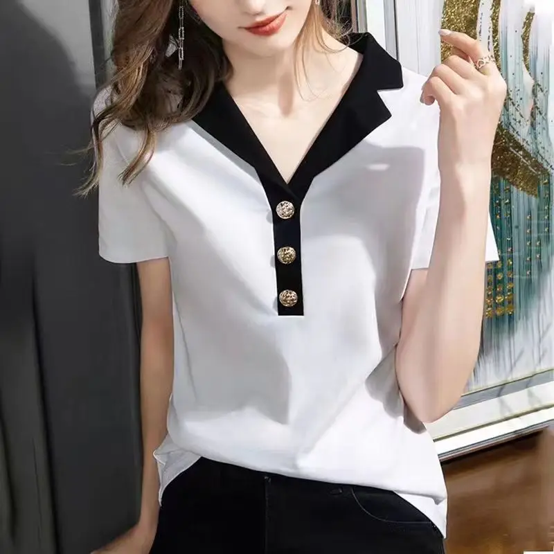 French Women Elegant Office Lady T-shirt Summe Fashion Short Sleeve Slim Pullover Tees Female Clothes Solid Chic All-match Tops