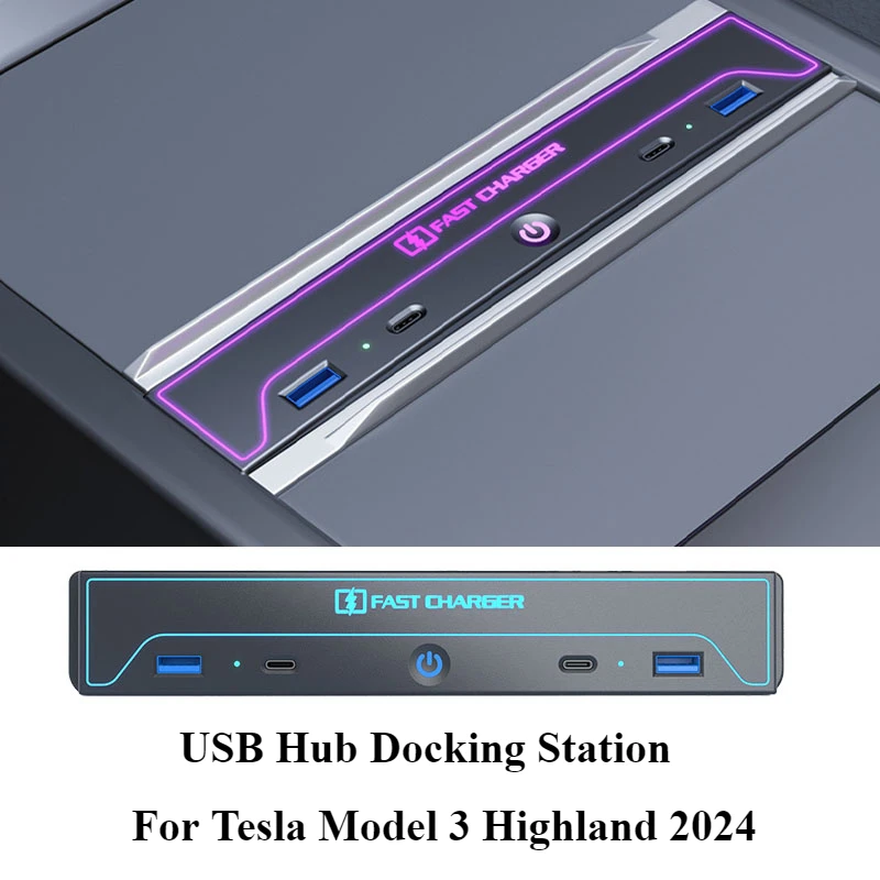 For Tesla Model 3 Highland Accessories USB Hub 4-Port Fast Charger Smart Docking Station Adapter Power Shunt Splitter Extension