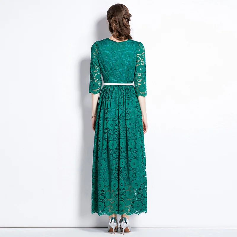 Elegante Nieuwe Herfst Groene Kanten Lange Jurk Dames Met Halve Mouw Uitgehold Gebloemd Hoge Taille Feest Vestidos Gewaad Met Riem