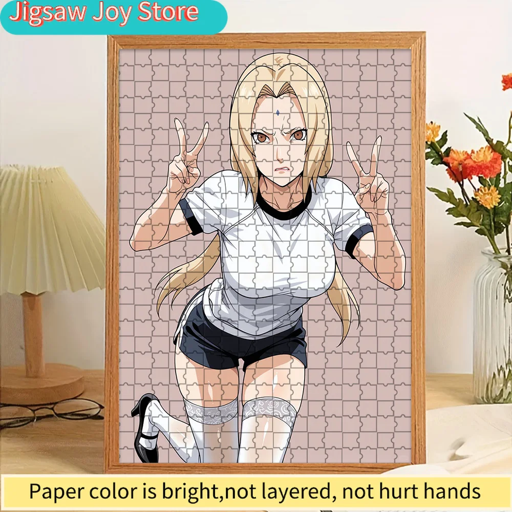 

High Quality Paper Jigsaw Puzzle Anime Tsunade in White Sport T-shirt and Black Shorts with Peace Signs on Light Pink Background