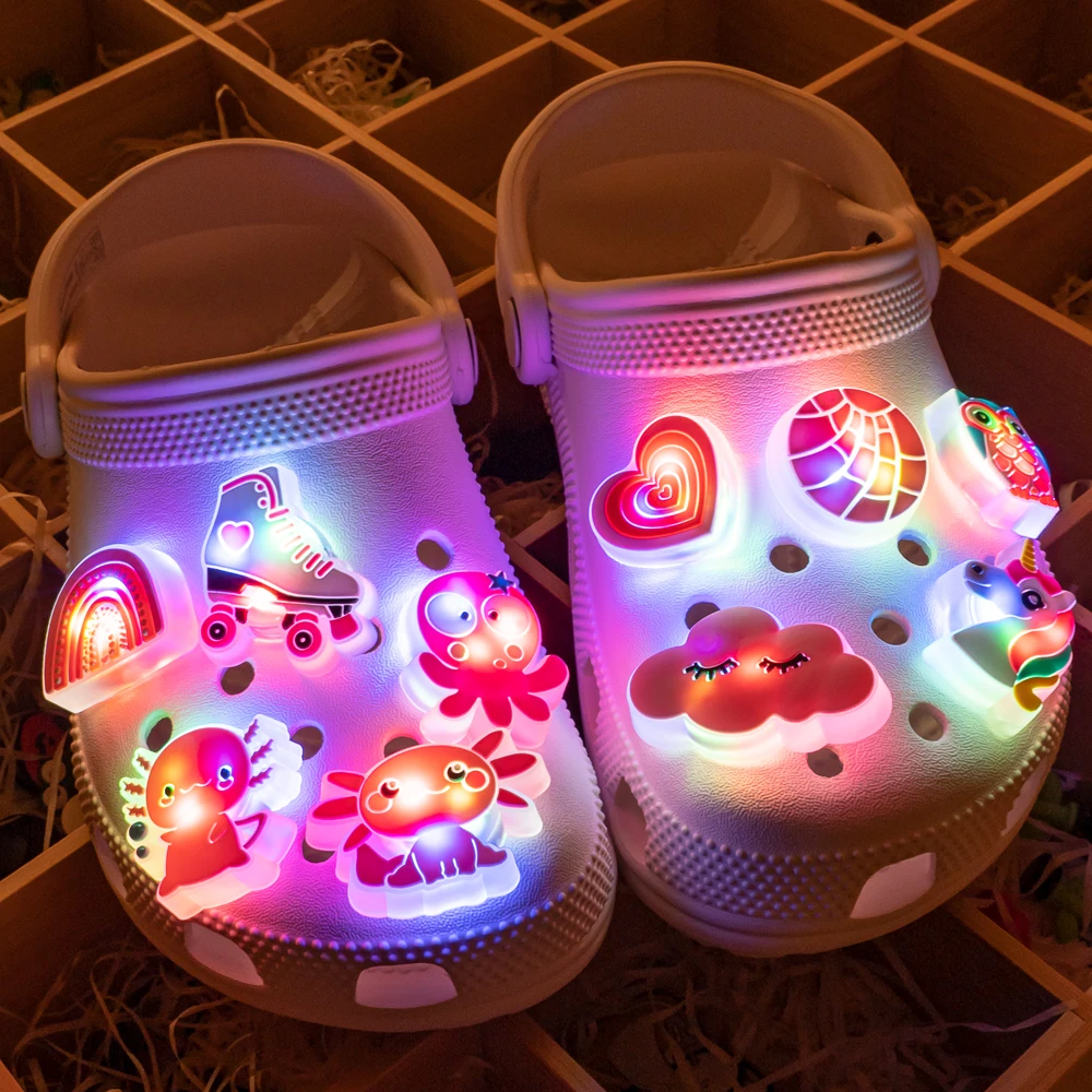 1/10pcs Pink LED Cute Animals Shoes Charms Salamander Squid Cat Luminous Shoe Decorations Bread Accessories for Kids Gift