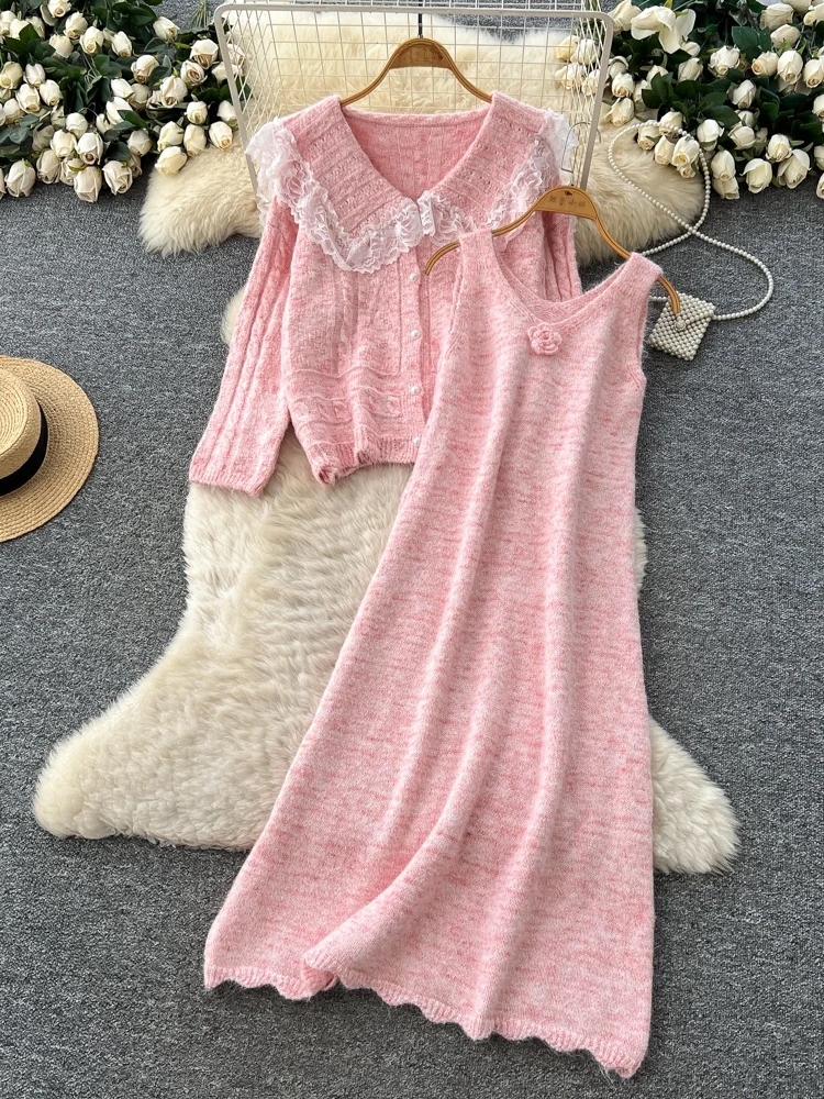 

Комплект из двух предметов Gentle Wind Sle Agel: женский свободный вязаный топ и летнее платье А-силуэта с воротником «кукла» и завышенной талией