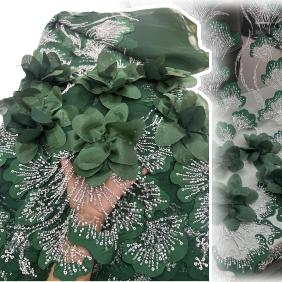 

Зеленая кружевная ткань с 3D бусинами, 2025, высококачественная сетчатая аппликация с 3D цветочным тюлем, кружевная ткань ручной работы для свадьбы CC1747