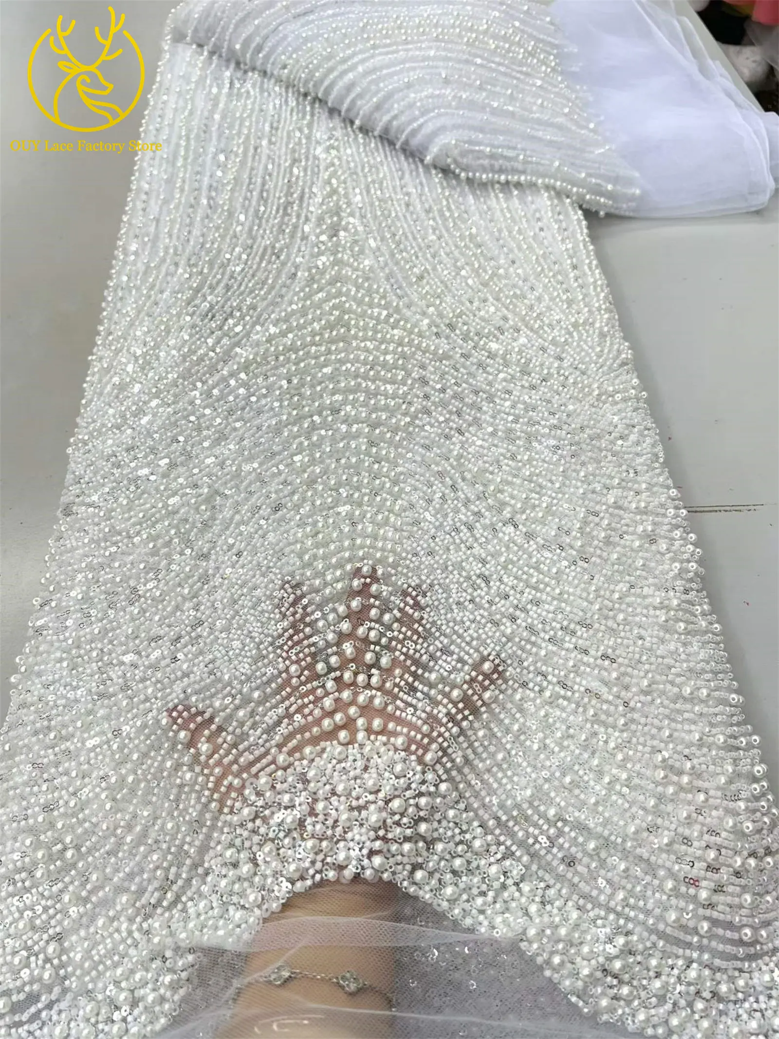 Rosa afrikanischer Perlen-Spitzenstoff 2026, eleganter französischer Pailletten-Spitzenstoff, modischer nigerianischer Tüll-Spitzenstoff für Partykleider – Detail 8