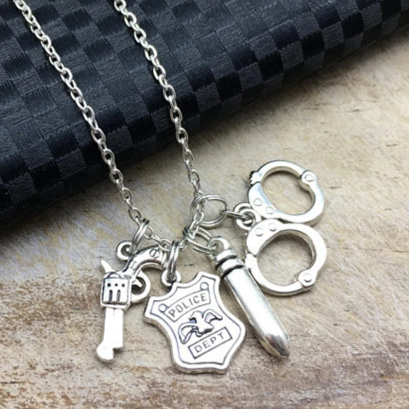 Pistol Bullet Handcuffs Police Dept Necklace Charm Women Man Jewelry Accessories Pendant Fashion Gift