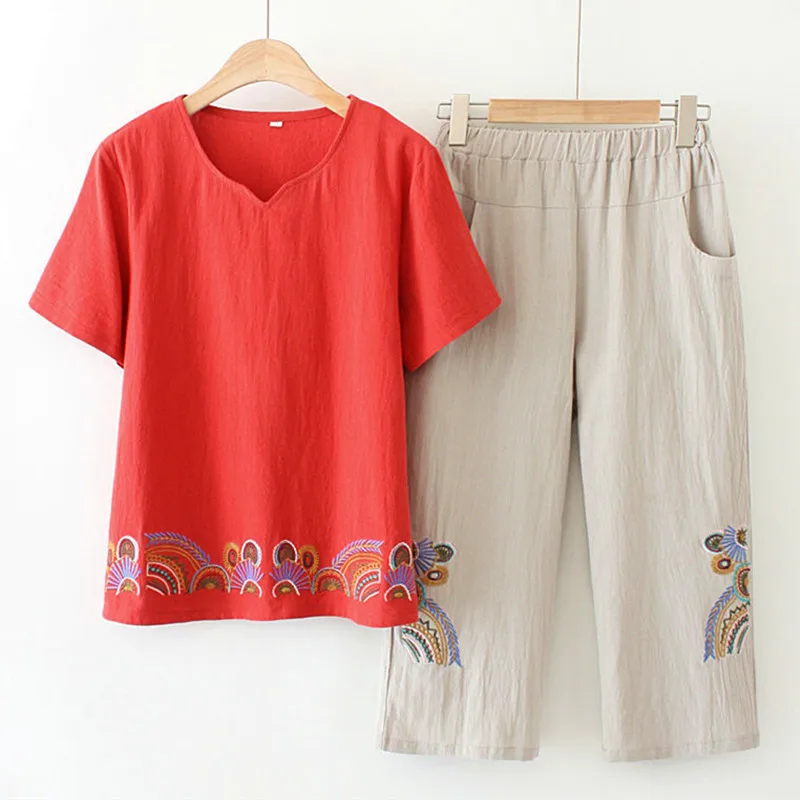 Fdfklak New Comfortable Cotton Linen Women Set Short Sleeve Cropped Pant 2 Piece Loose Middle Aged Mother Suit XL-5XL