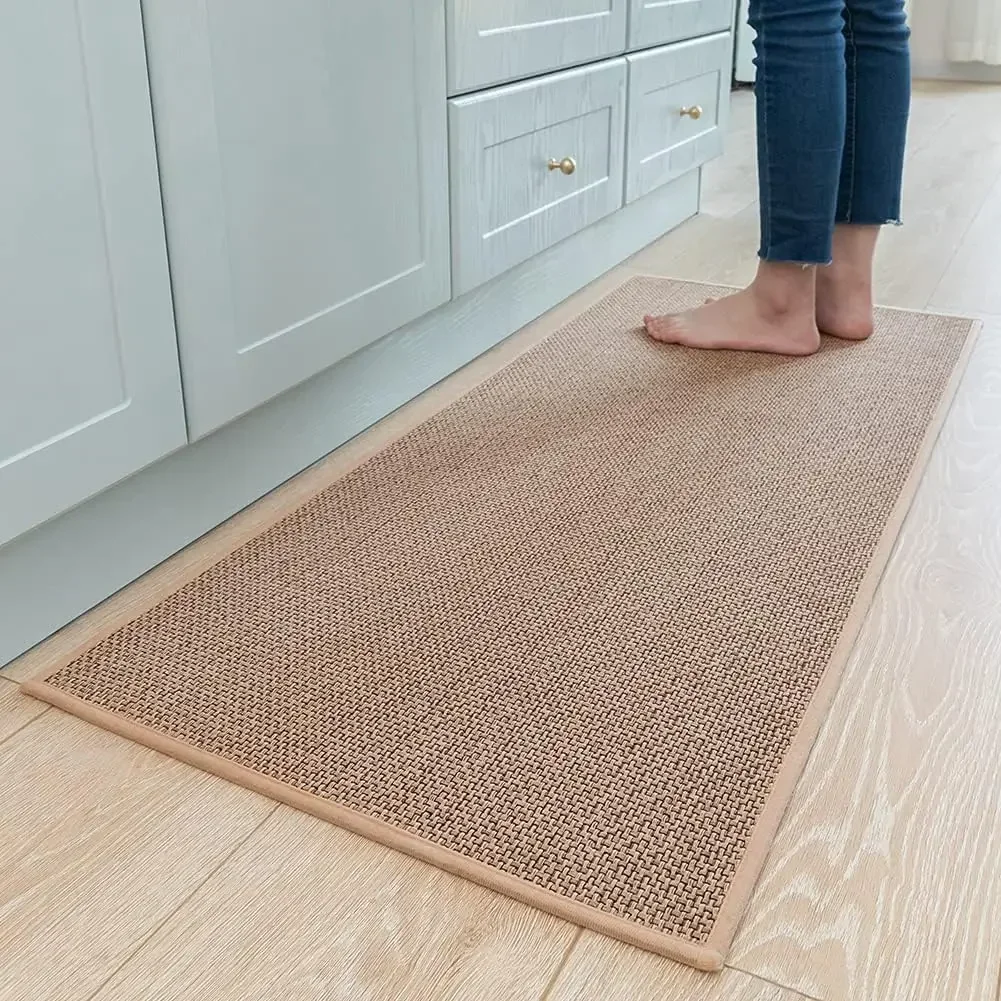 Washable Non-slip Kitchen Rug Faux Sisal Running Rug Faux Woven Kitchen Mat Kitchen Runners with Back Made of Natural Rubber