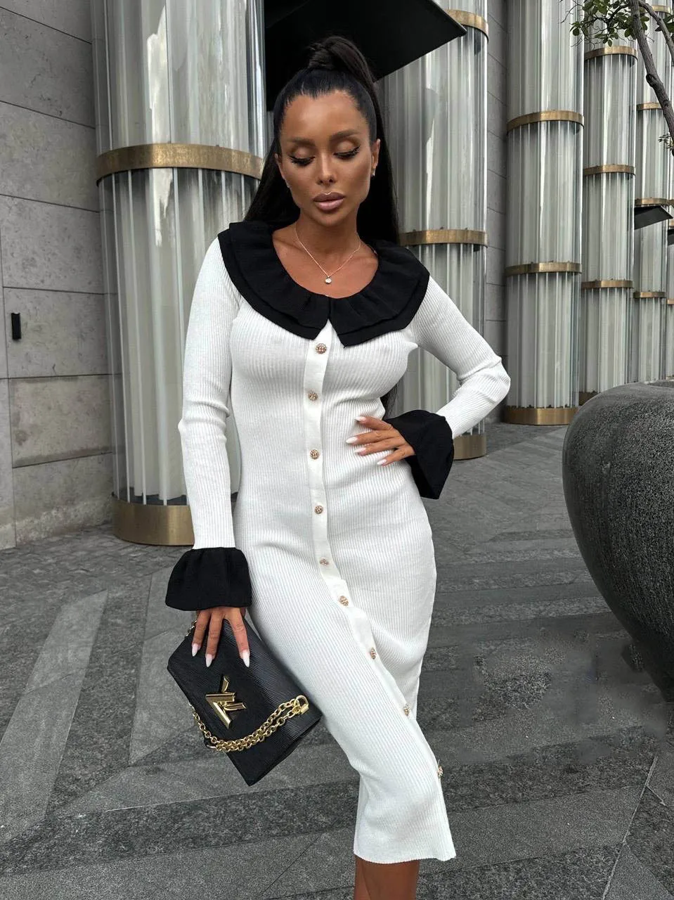 Fashion Knit Patchwork Long Dress Women's Ruffled Slim Elegant Contrast Ribbed Party Dress Knitwear Autumn Maxi Dress New