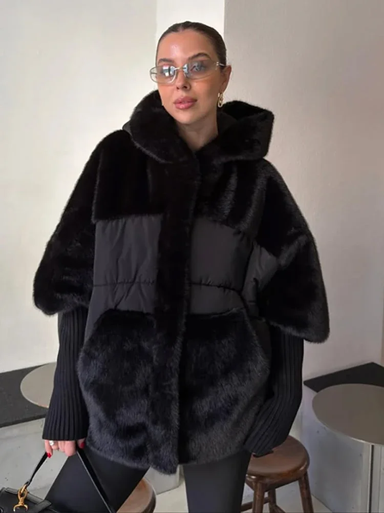 

Fur Paneled Hooded Zip Puffer Jacket Ribbed Cuff Solid Oversize 2025 Winter Fashion Edgy Women Outerwear Preppy Warm Lady Coat
