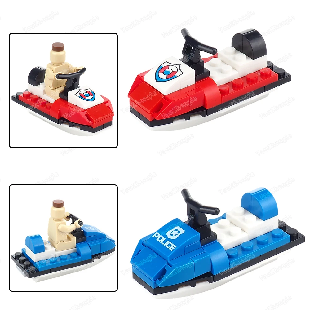 Blocs de construction de bateau à moteur de mer, figurines MOC, patrouille de sauvetage, motomarine, équipement de bateau à moteur rouge et bleu, scènes, modèles cadeaux, jouets pour garçons