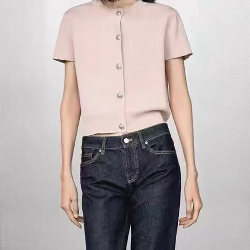 

High Quality New Autumn Casual Knit Cardigan Women Front Button O Neck Short Sleeve Crop Outerwear