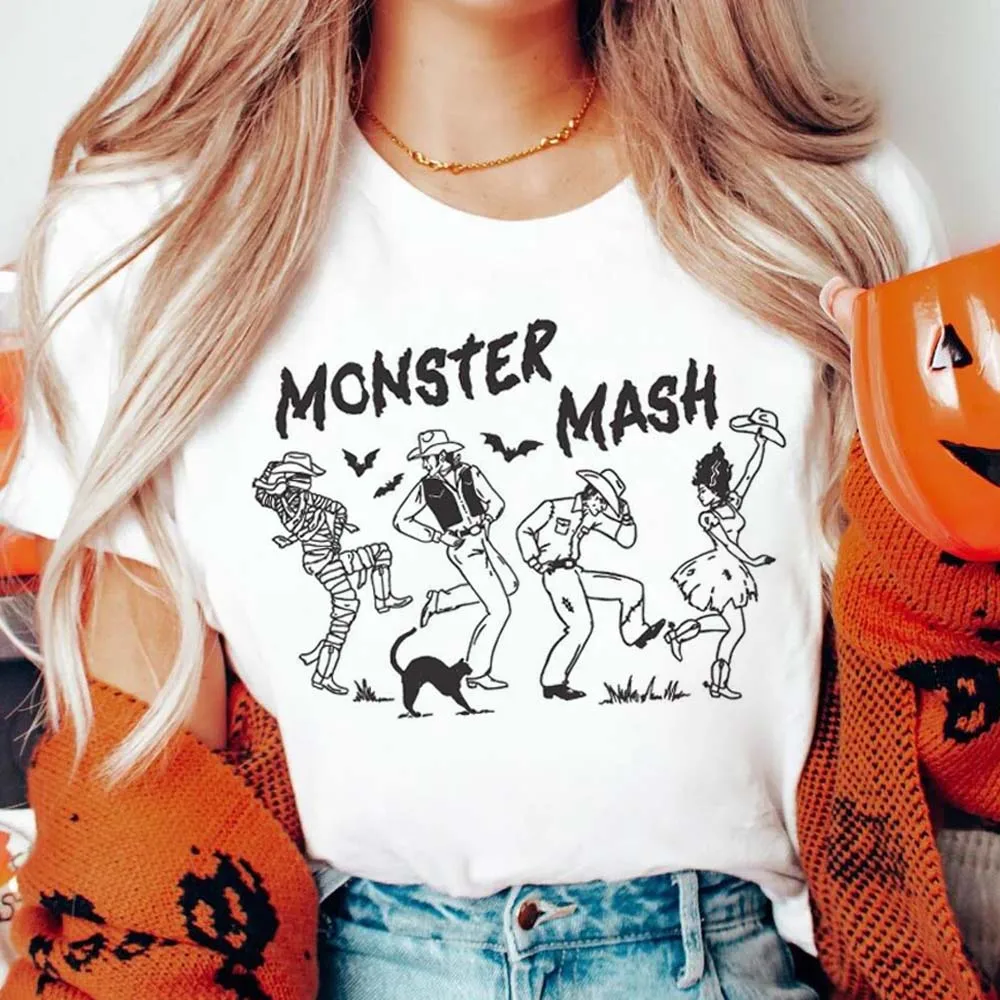 

Halloween Cartoon Monster Mash Vintage Western Cowboy Print Pattern Harajuku T-Shirt Casual Style Loose Top Basic Fun T-Shirt