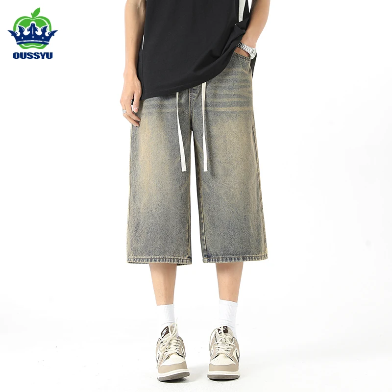 Men's Summer Cotton Jeans Loose Wide Leg Straight Casual Breathable Retro Blue Black Denim Shorts 3/4 Shorts Men High Street view 6