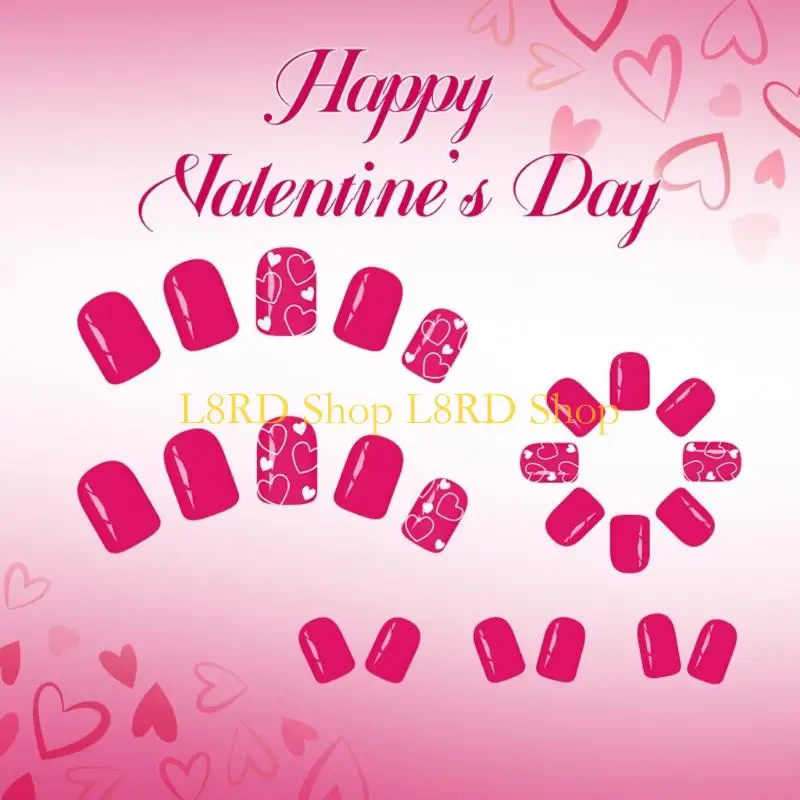 L8RD 24Pc Short Length Glitters Fake Press On Pink White Heart Patterns ABS Constructions Valentines Decorations