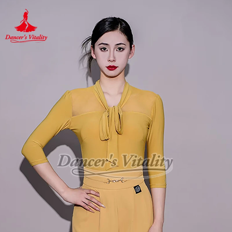 Современная профессиональная тренировочная одежда для танго-вальса для взрослых, женские желтые сетчатые топы с половиной рукавов, тренировочные топы для латинских социальных танцев