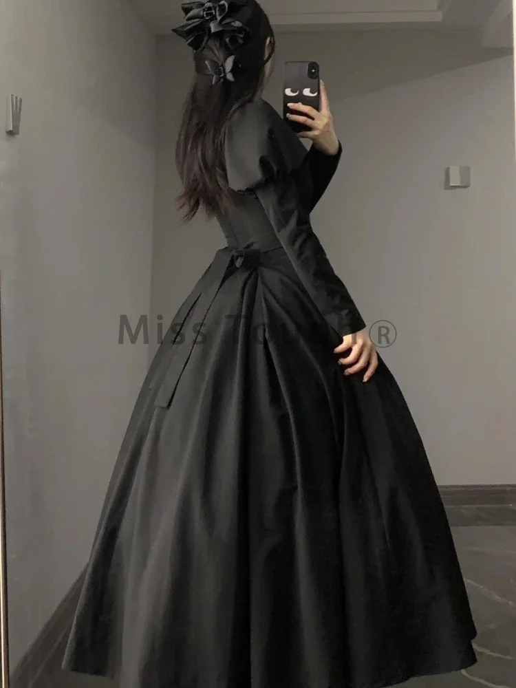 2023 Black Japanese Lolita One Piece Dress Women Patchwork Vintage Evening Party Long Dress Female O Neck France Retro Clothing