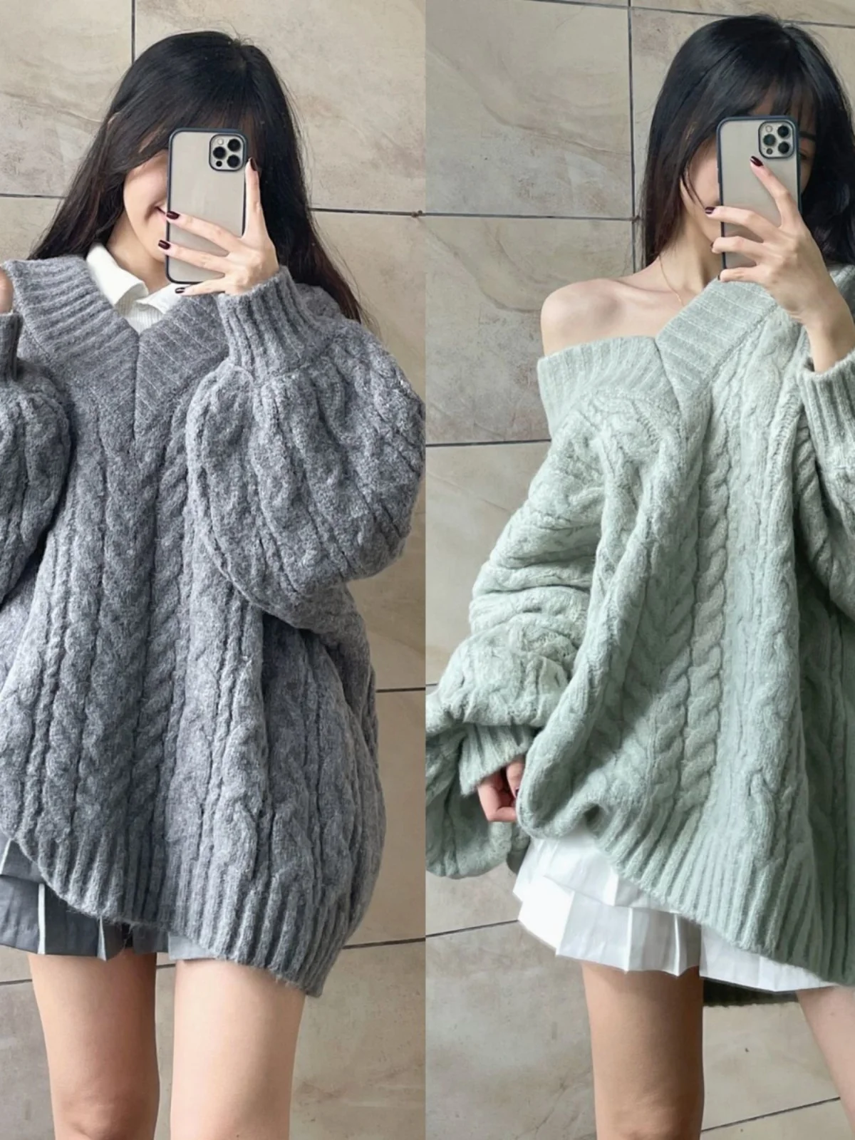 

Ladies' Oversized V-Ne Sweater Knitted Long Sve Faionable Autumn Winter ey Twist Knitwear Sweet Sle Student Trendy...