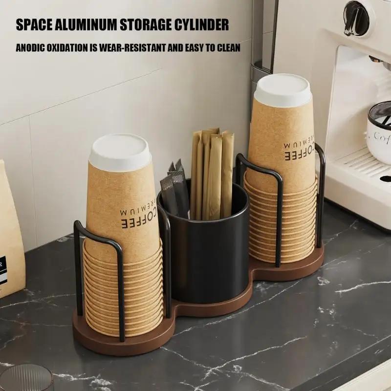 Coffee Station Paper Cup Rack with Counter Storage Plan, Side Support Frame and Top Opening Pickup Design for Shared Counters