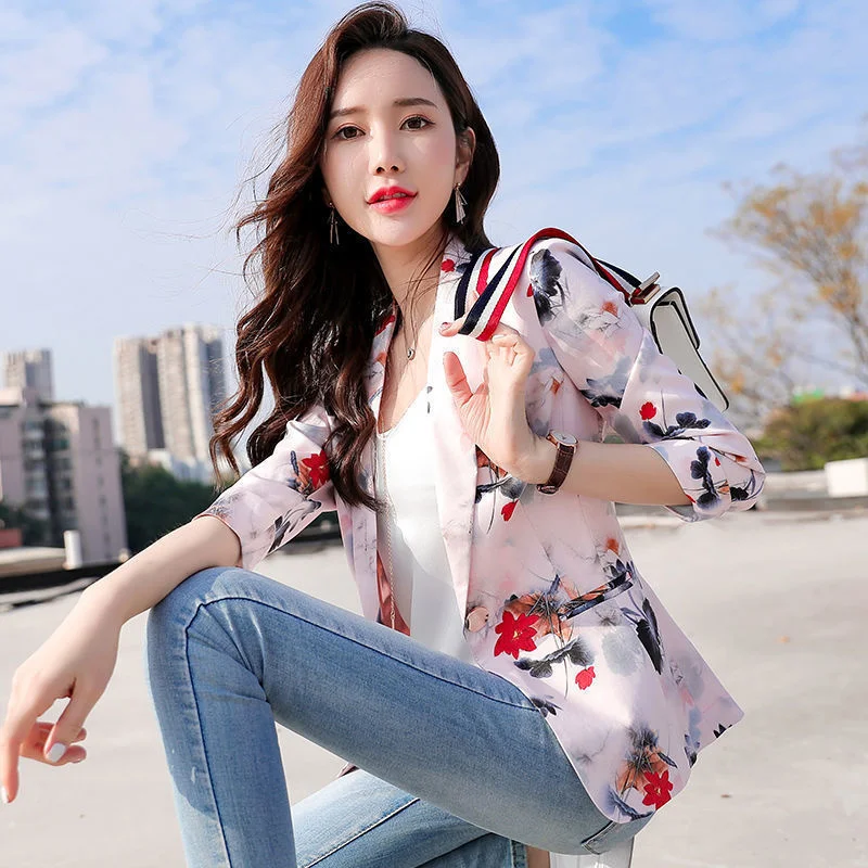 2023 New Summer Women Thin Small Suit Jacket Female Slim Fit, Seven-Quarter Sleeves Printed Suit Jacket Temperament Casual A967