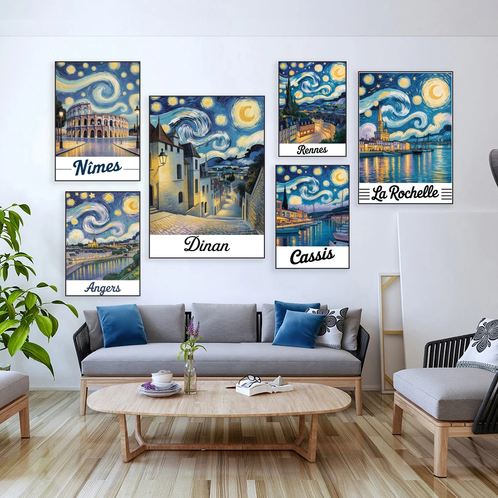 Besançon, Annecy, Dinant, Colmar, Saint-Malo, Rennes, Vannes, Nimes, Angers, Cassis Van Gogh style starry night scenery poster