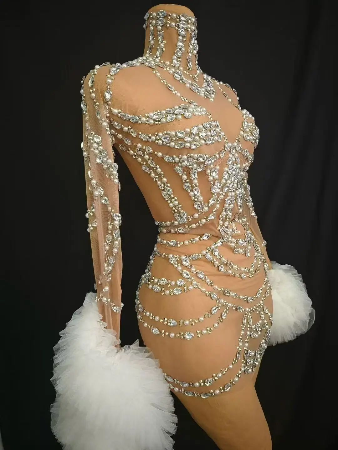 Sparkly Rhinestones Pearls Short Dress Women Sexy Transparent Birthday Celebrate Evening Dress Stage Wear Photoshoot Costume