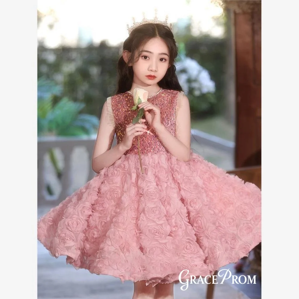 

Elegant 3D Rose Flower Girl Dress Sleeveless Sequin Beaded Sequin Puffy Tulle Skirt Kids Princess Wedding Pageant Formal Gown