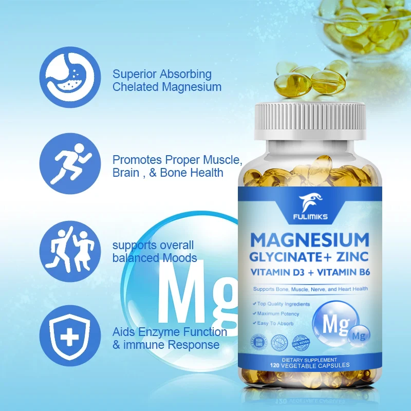 Magnesium Glycinate Capsules Supplement 500mg with Zinc,Vitamin D3 B6 High Absorption Support for Women & Men Non-GMO Veggie