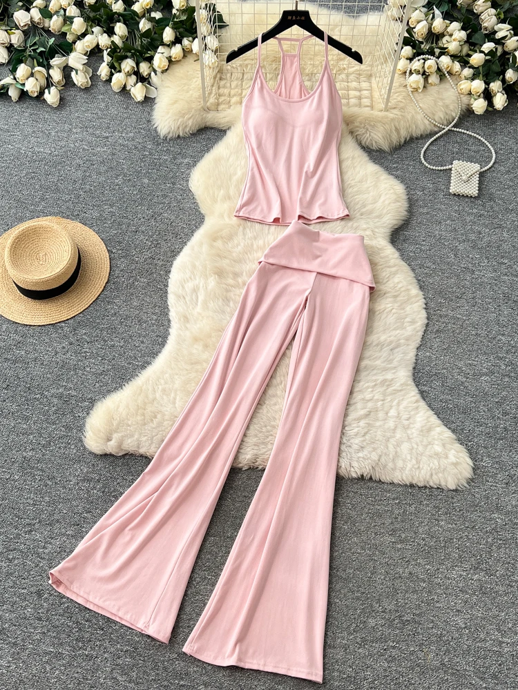 

High Waist Wide Leg Pants V-Neck Sleeveless Knitted Set for Women Summer Commute Fashion Ensemble Leisure Casual Workwear