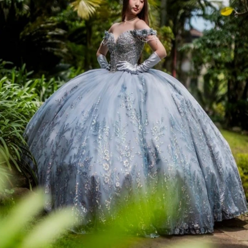 

Navy Blue Shiny Quinceanera Dresses Off The Shoulder Sequin Applique Lace Beading Crystal Bow Corset Party Birthday Sweet 16