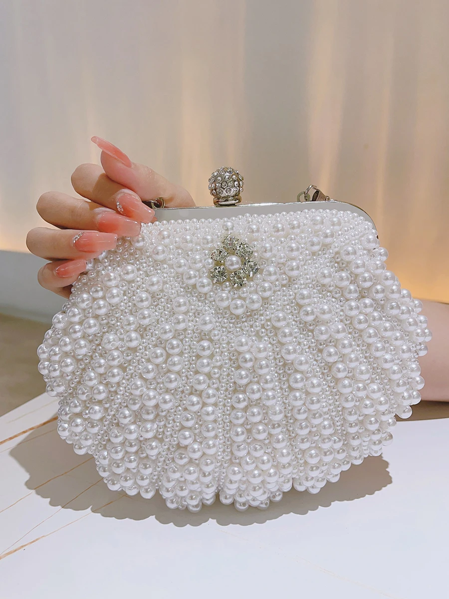 Faux Pearl & Diamond Event Clutch Bag, Buckle Metal Chain Handbag, Floral Handle Party Bag