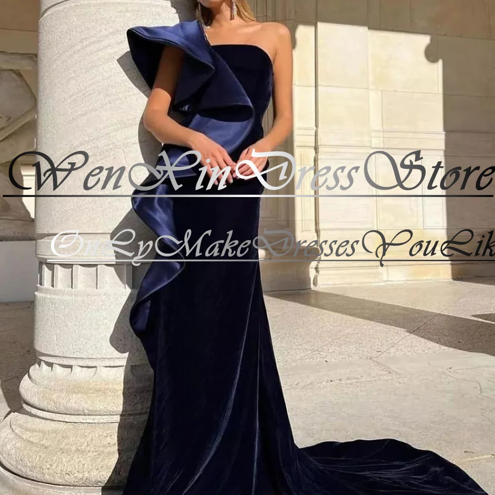 Elegant One Shoulder Sweep Train Velour Saudi Evening Dresses Boat Neck Sleeveless Zipper Back 2024 Party Gowns Woman Straight