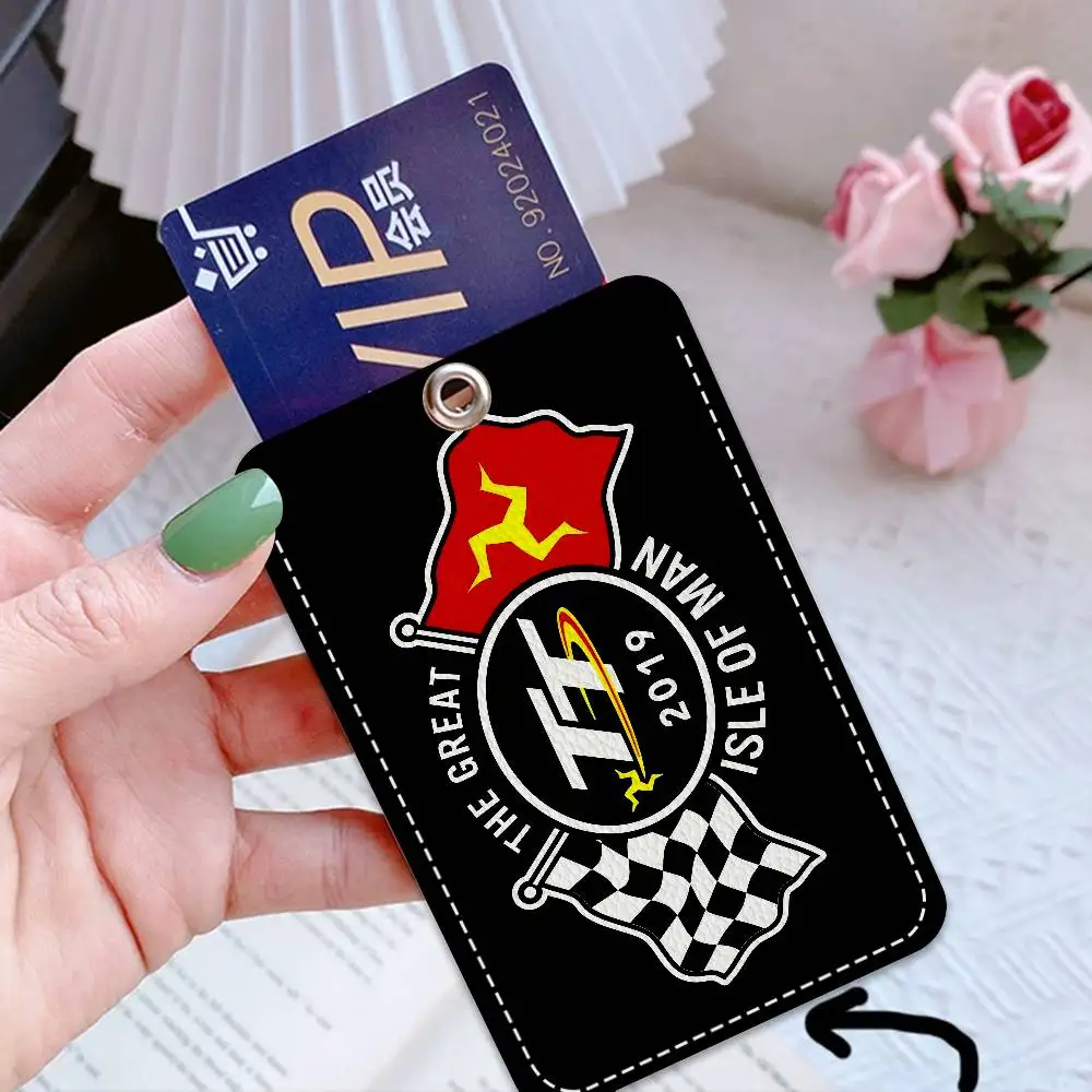 Motorcycle I-Isle Of Man TT Rectangle ID Card Case Keychain Access Card Bag Key Tag Ring Leather Card Holder Key Ring Access