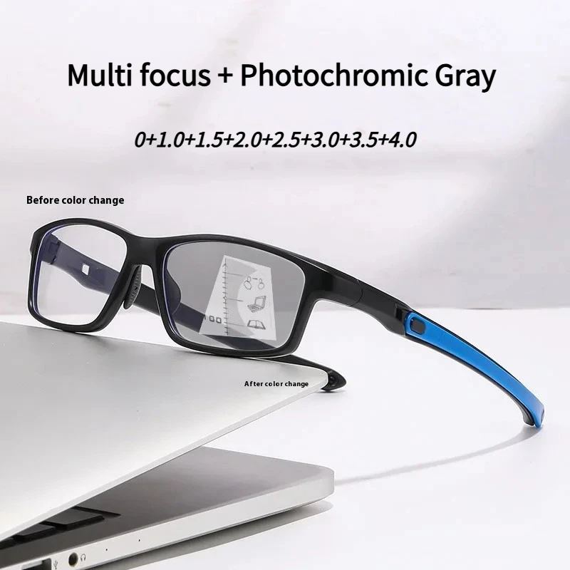 Multi Focus Photochromic-gray Reading Glasses, 0~ +4.0 Anti Blue Light Progressive Near and Far Motion Type, Presbyopia Glasses
