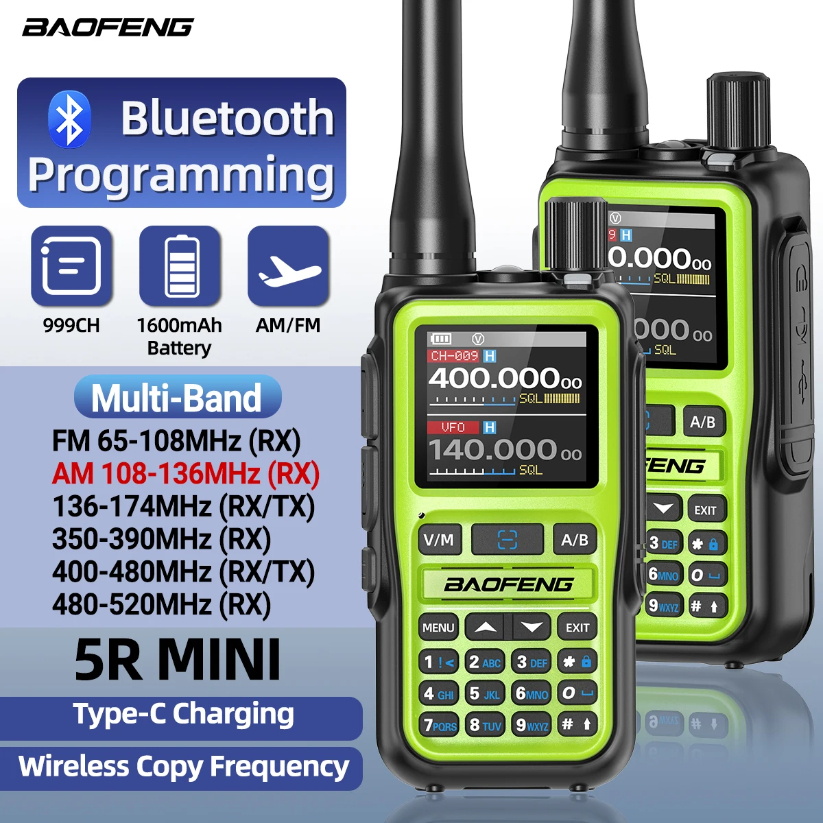 【セール中】BAOFENG UV-5R ミニトランシーバー マルチバンド Bluetooth プログラミング ワイヤレスコピー周波数 999CH Type-C 長距離双方向ラジオ