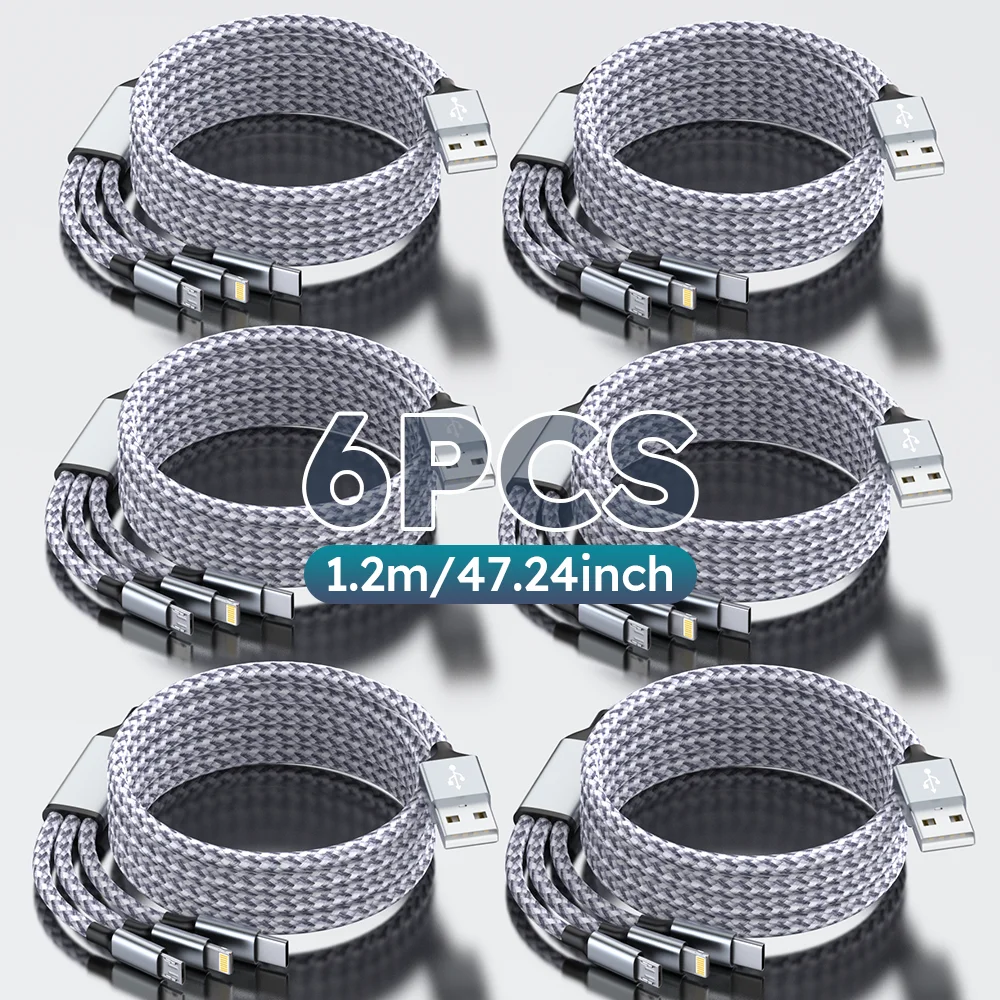 

Набор из 6 нейлоновых плетеных кабелей для зарядки 3-в-1 подходит для устройств iPhone, Xiaomi, Samsung и Android.