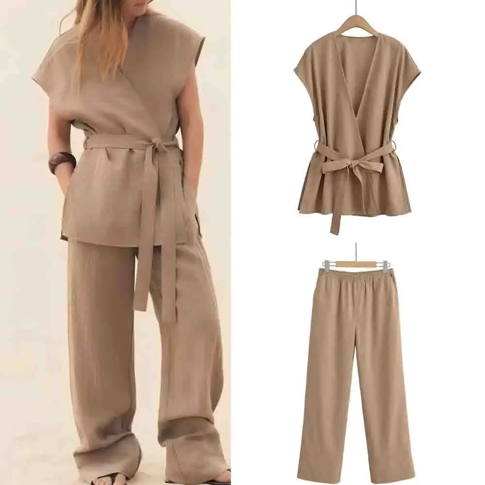 

Women's new fashion with Belt comfortable casual V-neck vest retro sleeveless women's vest chic top+Pants suit