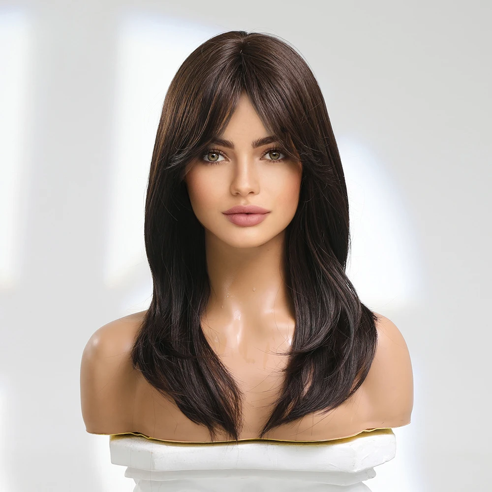 ESIN Brown Natural Synthetic Hair Wigs with Bangs Medinum Length Straight Layered Wig for Women Daily Party Use Fake Hair Fiber