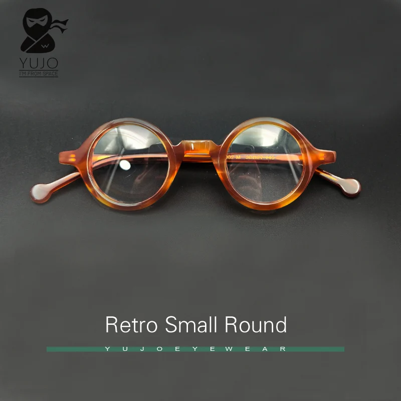 

Vintage round acetate fiber eyeglass frame for men and women, 38mm diameter translucent yellow tortoiseshell colored glasses